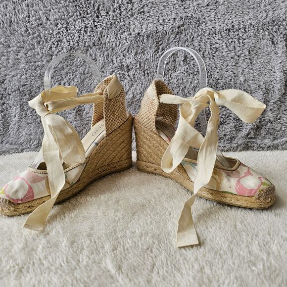 Coach Women Mindy Scribble Print Espadrille Wedge Heels Size 7M Beige Ankle‎ Tie - Picture 3 of 6